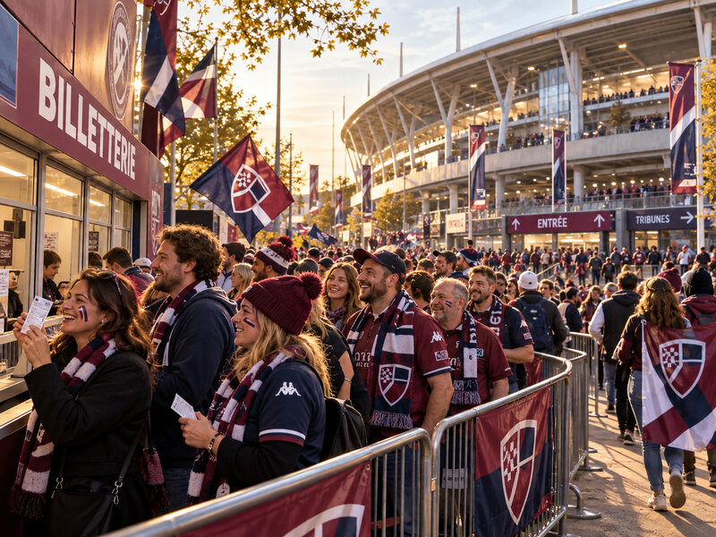Supporters en écharpes et bonnets rayés faisant la queue devant les guichets d'une billetterie de stade, billets en main, sous la lumière dorée de fin de journée.