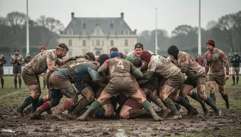 Scène de mêlée sur un terrain boueux de l'époque héroïque du rugby bordelais, joueurs penchés épaule contre épaule sous une lumière grise et diffuse.