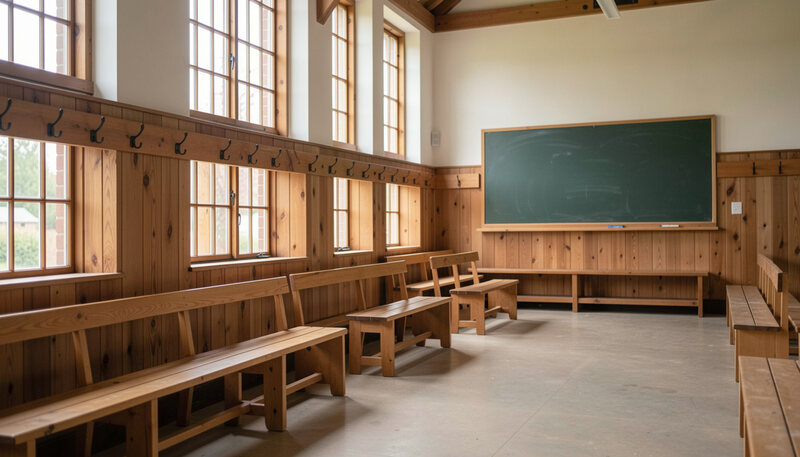 Vestiaire de club en bois avec bancs, patères et tableau noir, lumière naturelle entrant par de hautes fenêtres.