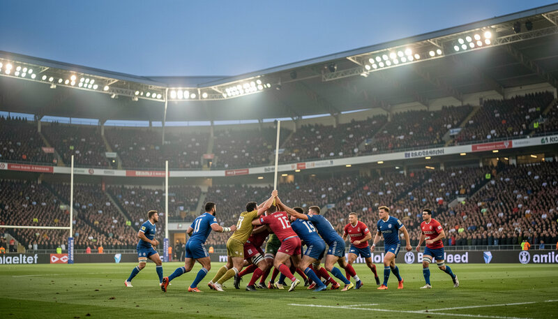 Joueurs engagés en mêlée fermée sous les projecteurs d'un stade professionnel, tribunes pleines et panneaux du pourtour en arrière-plan.